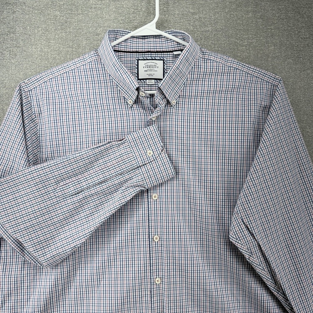 Charles Tyrwhitt Classic Fit Shirt Men Size 19/37 White Blue Check Long Sleeves